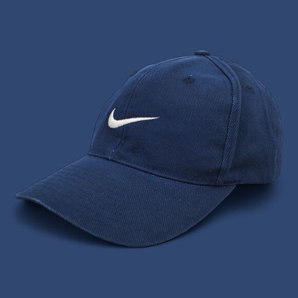 VINTAGE Rare 90's Nike Swoosh White Logo Hat Adjustable Snapback‎ Cap Blue Navy - Picture 1 of 15